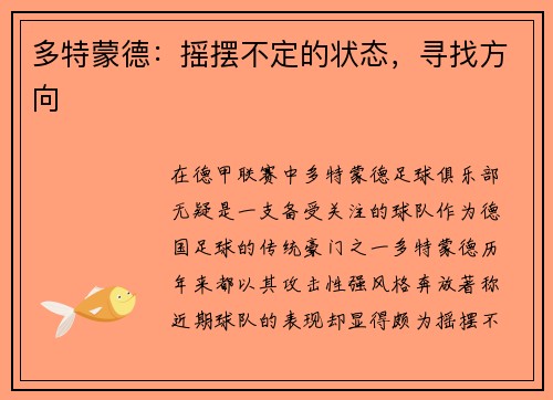 多特蒙德：摇摆不定的状态，寻找方向